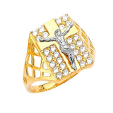 White CZ Crucifix Mens Ring in 14K Two-Tone Gold