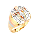 White CZ Crucifix Mens Ring in 14K Tri-Color Gold