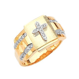 White CZ Cross Mens Ring in 14K Two-Tone Gold