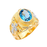Blue CZ Cross Center-Stone Mens Ring in 14K Two-Tone Gold