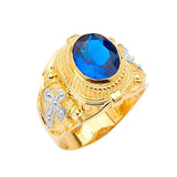 Blue CZ Cross Center-Stone Mens Ring in 14K Two-Tone Gold