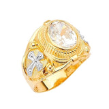 White CZ Cross Center-Stone Mens Ring in 14K Two-Tone Gold