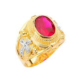 Red CZ Cross Center-Stone Mens Ring in 14K Two-Tone Gold