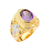 Purple CZ Cross Center-Stone Mens Ring in 14K Two-Tone Gold