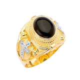Onyx Cross Center-Stone Mens Ring in 14K Two-Tone Gold