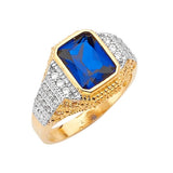 Blue & White CZ Center-Stone Mens Ring in 14K Two-Tone Gold