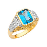 Blue & White CZ Center-Stone Mens Ring in 14K Two-Tone Gold