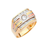 White CZ Mens Ring in 14K Tri-Color Gold