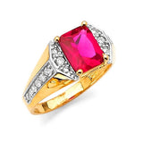 Red & White CZ Center-Stone Mens Ring in 14K Two-Tone Gold