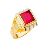 Red & White CZ Center-Stone Mens Ring in 14K Gold