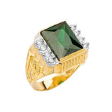 Green & White CZ Center-Stone Mens Ring in 14K Two-Tone Gold