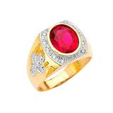 Red & White CZ Cross Center-Stone Mens Ring in 14K Two-Tone Gold