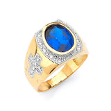 Blue & White CZ Cross Center-Stone Mens Ring in 14K Two-Tone Gold