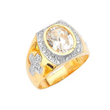White CZ Cross Center-Stone Mens Ring in 14K Two-Tone Gold
