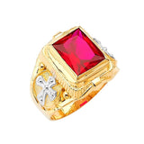 Red CZ Cross Center-Stone Mens Ring in 14K Two-Tone Gold