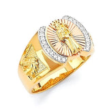 White CZ Santa Muerte Mens Ring in 14K Tri-Color Gold