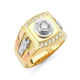 White CZ San Judas Mens Ring in 14K Tri-Color Gold