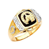 White CZ and Onyx Horse Mens Ring in 14K Two-Tone Gold