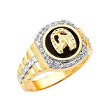 White CZ and Onyx Horse Mens Ring in 14K Two-Tone Gold