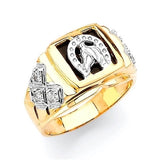 White CZ and Onyx Horse Mens Ring in 14K Two-Tone Gold