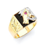 Red CZ and Onyx Horse Mens Ring in 14K Two-Tone Gold
