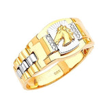 White CZ Horse Mens Ring in 14K Two-Tone Gold