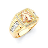White CZ Horse Mens Ring in 14K Tri-Color Gold