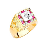 Red & White CZ Horse Mens Ring in 14K Two-Tone Gold