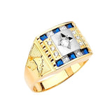 Blue & White CZ Horse Mens Ring in 14K Two-Tone Gold