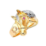 Red & White CZ Horse Mens Ring in 14K Tri-Color Gold