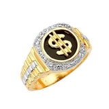 White CZ and Onyx Symbols Mens Ring in 14K Two-Tone Gold