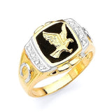 White CZ and Onyx Eagle Mens Ring in 14K Two-Tone Gold