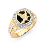 White CZ and Onyx Eagle Mens Ring in 14K Two-Tone Gold