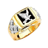 White CZ and Onyx Eagle Mens Ring in 14K Two-Tone Gold