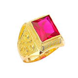 Red CZ Center-Stone Mens Ring in 14K Gold