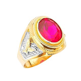 Red CZ Eagle Center-Stone Mens Ring in 14K Two-Tone Gold