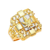 White CZ Marijuana Mens Ring in 14K Two-Tone Gold