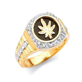 White CZ and Onyx Marijuana Mens Ring in 14K Two-Tone Gold
