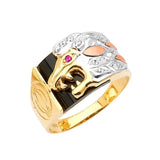 White CZ and Onyx Lion Mens Ring in 14K Tri-Color Gold