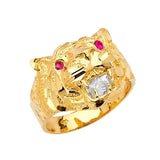 Red & White CZ Lion Mens Ring in 14K Gold