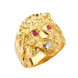 Red & White CZ Lion Mens Ring in 14K Gold