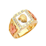 White CZ Lion Mens Ring in 14K Tri-Color Gold