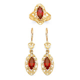Red CZ Flower Ladies Two-Piece Set in 14K Gold
