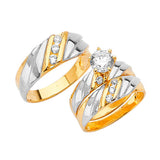 White CZ Three-Piece High-Polish Wedding Ring in 14K Two-Tone Gold
