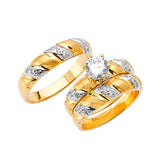 White CZ Three-Piece Satin Wedding Ring in 14K Two-Tone Gold