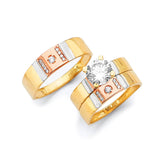 White CZ Three-Piece High-Polish Wedding Ring in 14K Tri-Color Gold