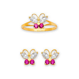 Red CZ Butterfly Girls Two-Piece Set in 14K Gold