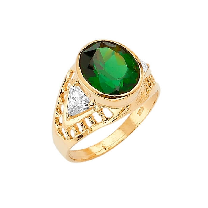 #16153 - Green & White CZ Center-Stone Mens Ring in 14K Two-Tone Gold
