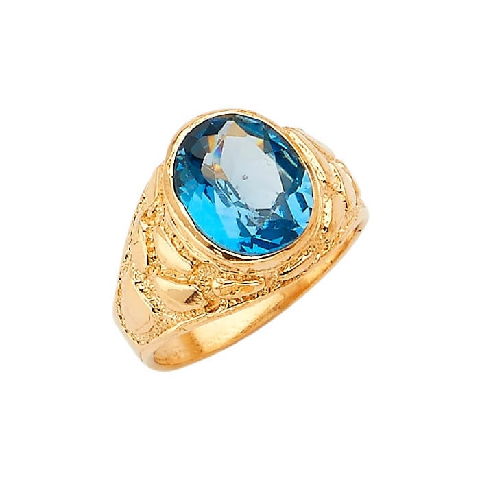 #16160 - Blue CZ Center-Stone Mens Ring in 14K Gold