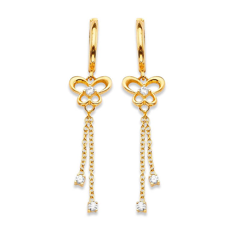 #16215 - Butterfly Tassel Earrings with White CZ in 14K Gold